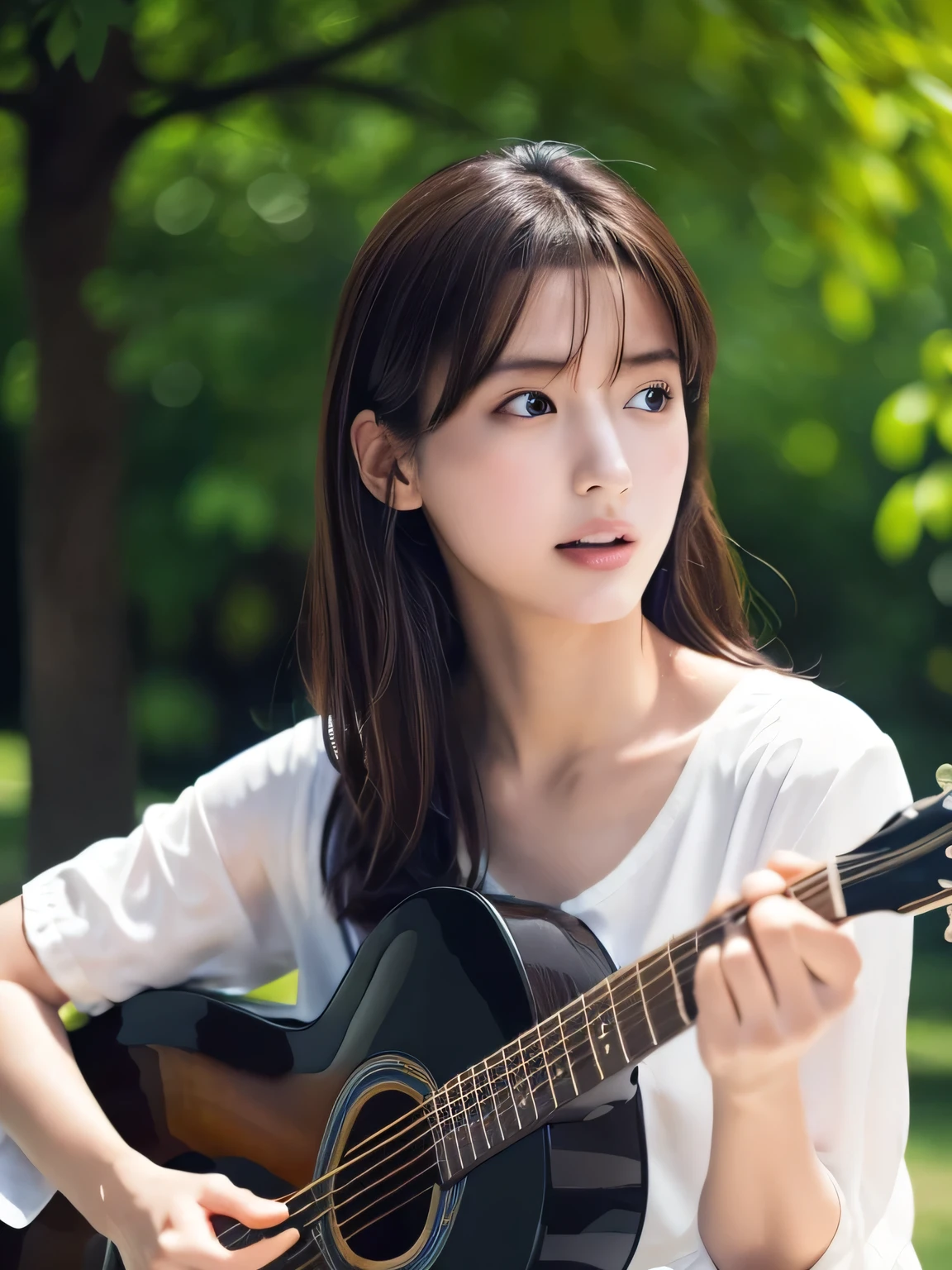 ((masterpiece, Highest quality, High resolution)), (Playing Acoustic Guitar:1.5), 1 beautiful girl, (Realistic: 1.4), Symmetrical eyes, Great face, 15 years old, Medium Hair, (Beautiful Hair:1.5), (Open your mouth:1.3), (Nothing steppe:1.5), The background is blue sky, Light of the sun, (Angle from below:1.3), Smooth, Highly detailed CG composite 8K wallpaper, High resolution RAW color photos, Professional photography, Light, BackLight, dream-like, impressive, Written boundary depth
