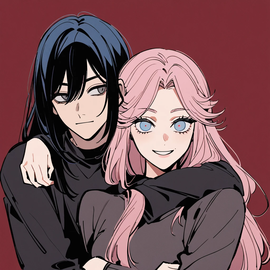1 mature woman with long hair, light pink hair with blue hair tips, light blue eyes,cropped rosa,1 boy with black hair, gray eyes, black sweatshirt,the woman resting her arm on his shoulder, Grinning,dark red background and in the style of chainsaw man