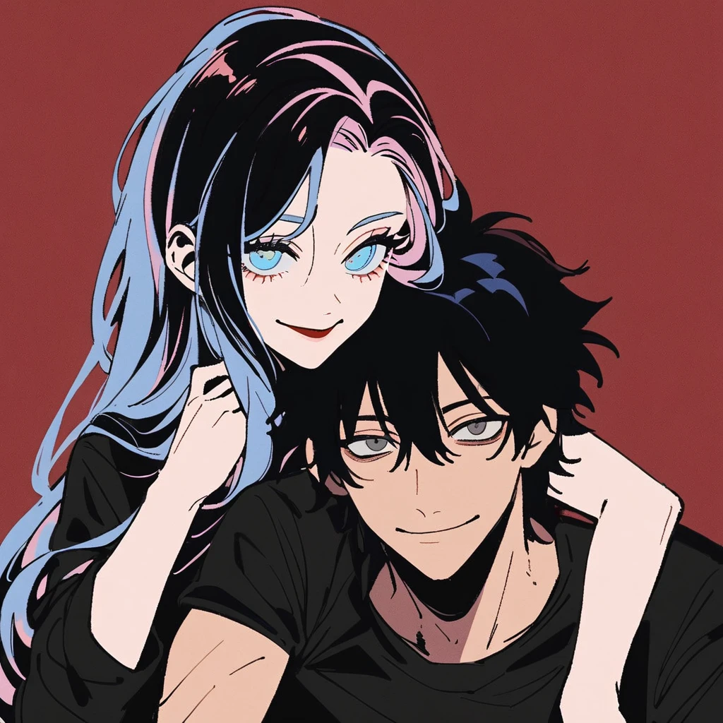 1 mature woman with long hair, light pink hair with blue hair tips, light blue eyes,cropped rosa,1 boy with black hair, gray eyes, black sweatshirt,the woman resting her arm on his shoulder, Grinning,dark red background and in the style of chainsaw man