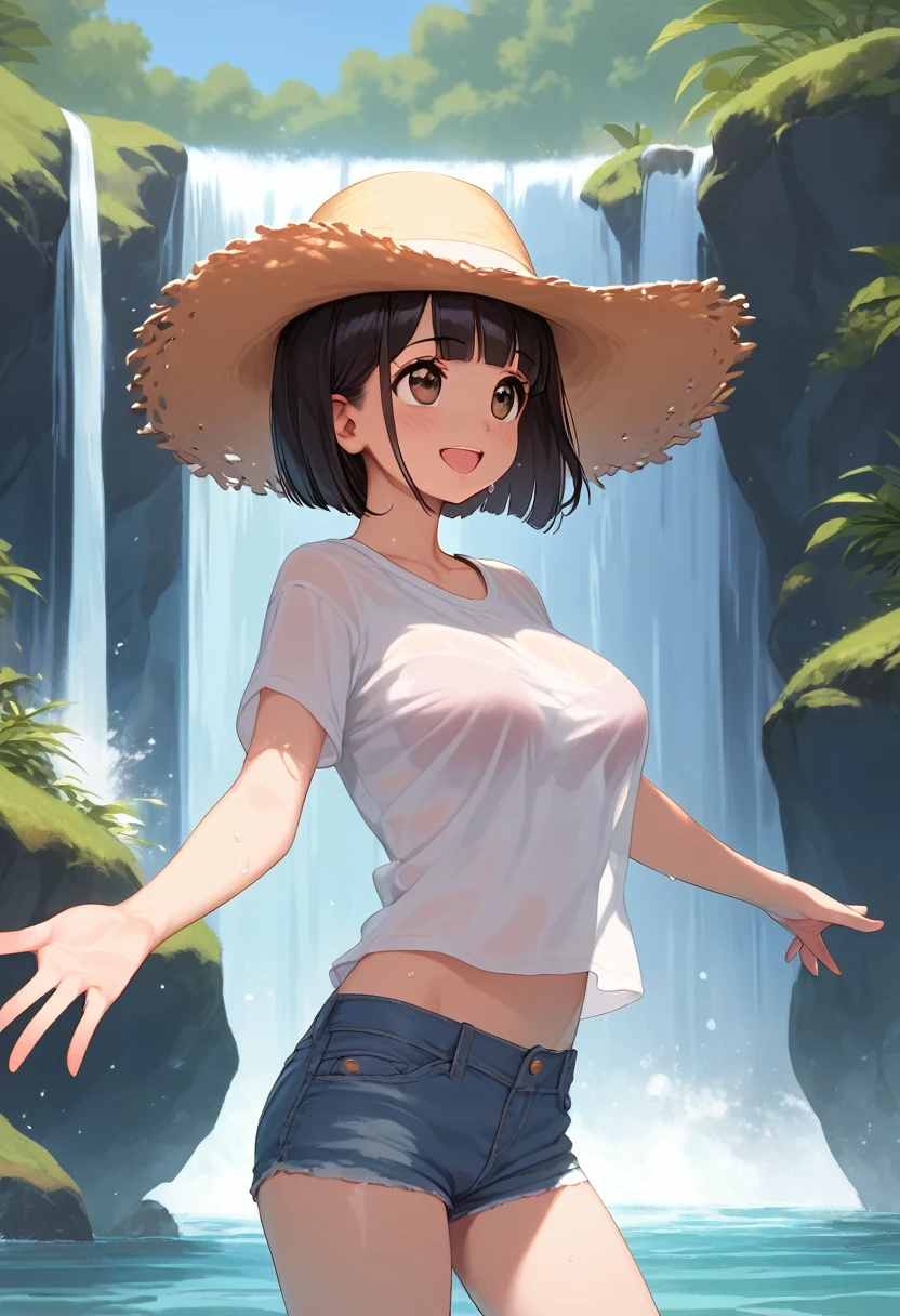score_9,score_8_up,score_7_up,masterpiece,best quality, source anime, realistic, super detailed, extreme detailed, rating_safe,
1girl, standing, holding straw hat, spread arms, legs in the water, looking up,
BREAK girl, 22yo, short hair, bob cut, (blunt bangs), black hair, (tareme, detailed cute brown eyes), curled eyelashes, (large breasts:0.9),
shiny hair, beautiful detailed eyes, beautiful face,
slender, small ass, slim legs,
white t-shirt, denim shorts, sweat, (see through:1.1), 
blush, smile, open mouth,
outdoors, summer, (waterfall:1.3), sky, shade,