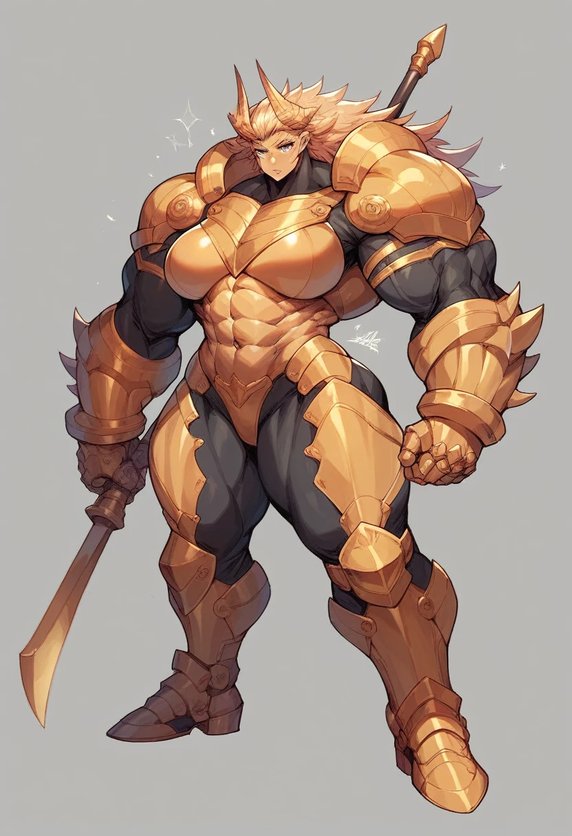 Massive muscular girl, with growth muscles veins, with armor golden and steel tones