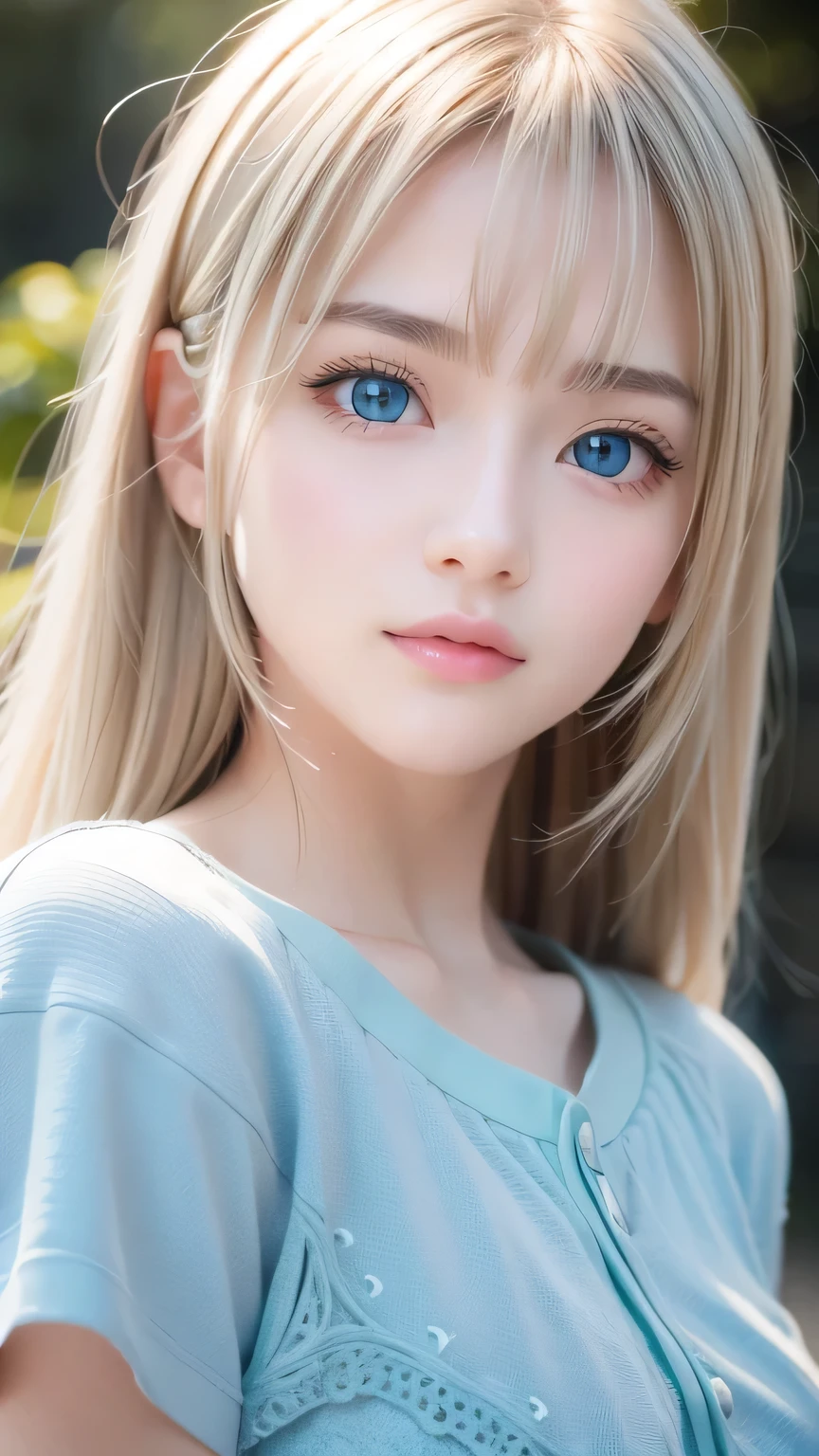 Dressed、(Photorealistic:1.4)、(ハイパーRealistic:1.4)、(Realistic:1.3)、(Smooth lighting:1.05)、(Improved cinematic lighting quality:0.9)、32k、1 Girl、Very cute expression、A beautiful 16 year old blonde girl、bangs that fall on the face、Bangs left over the eyeessy bangs between the eyes、Realistic top lighting、Backlight、Face Light、Super long silky platinum hair、Blonde rays、(Bright light:1.2)、(quality improvement:1.4)、(Highest quality realistic textured skin:1.4)、Very beautiful, detailed, shiny, very bright, mint blue, large eyes、Very big eyes、Detailed face、A careful eye for quality、(Tired, sleepy and satisfied: 0.0)、Face close up、T-Shirts、(Enhances the body line:1.1)、(Enhances the beauty of skin texture:1.1)、Cheek gloss highlighter、Small Face Beauty、Round face
