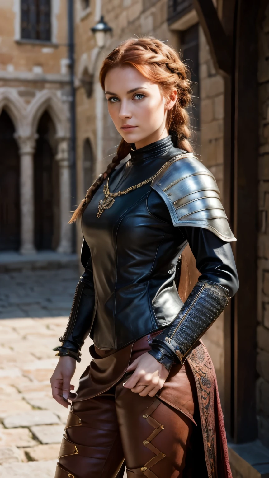Same exact woman in the same clothing, turn her around, facing camera, full body dynamic action pose turned around to face camera, fully clothed, no bare skin, walking through medieval market, fix eyes, move her left into center of frame, zoom out more and show more of her in frame, 8k resolution, smirk, pull camera back, zoom out, wearing a padded doublet, leather pants, masterpiece, best quality, 8k, background in focus, detailed texture, detailed cloth texture, beautiful detailed face, determined expression, intricate details, ultra detailed, a european woman in her mid 30s, green eyes, red auburn hair in a french braid, 3D character, Medieval, no helmet, 1 woman, Medieval woman with a braid, full view a female warrior, medieval female warrior, very beautiful warrior woman, female character with a determined look and smirk, female warrior, fantasy character, very beautiful woman top model, detailed matte fantasy, beautiful female warrior, full view