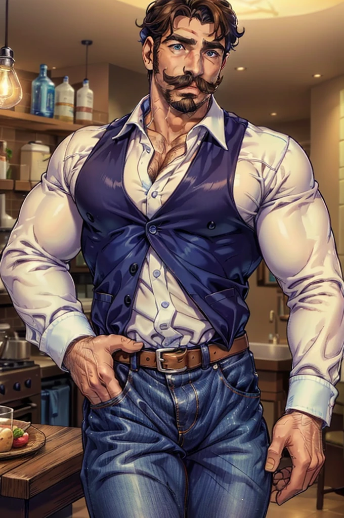 (mature man:1.3), solo, adult, brown short hair, blue eyes, moustache, white shirt, jeans, (high quality), (best quality), (detailed), perfect lighting, detailed face, detailed body, 