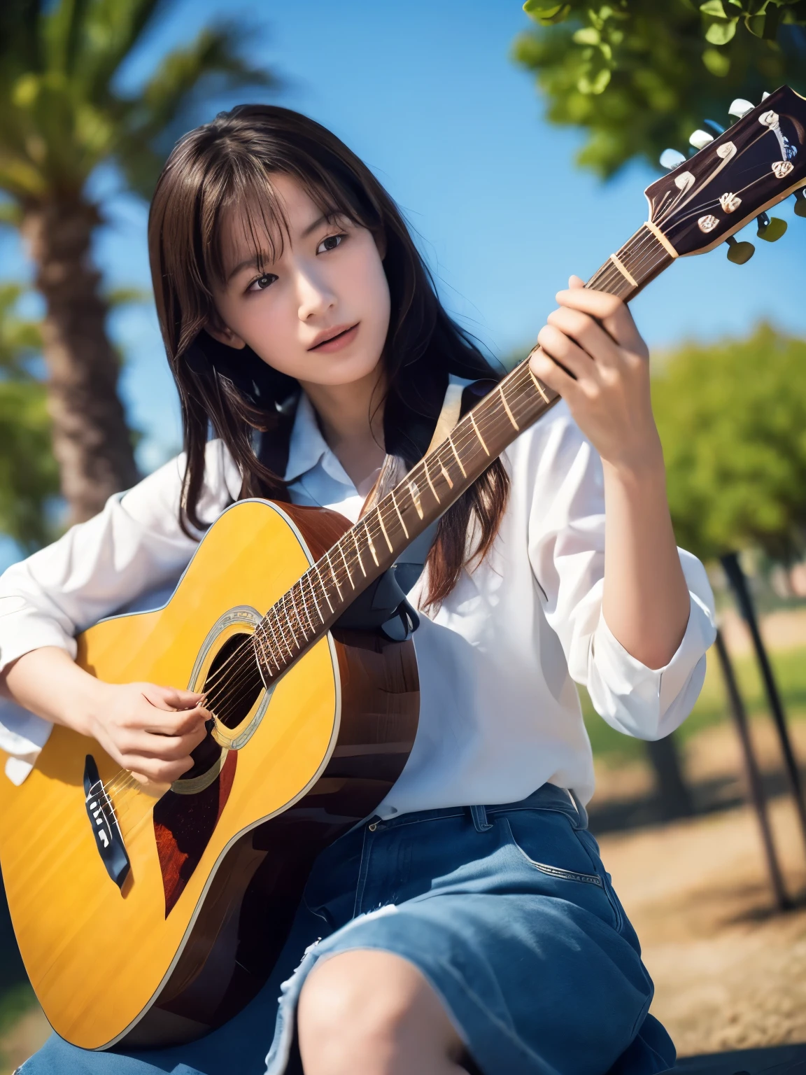 ((masterpiece, Highest quality, High resolution)), (Playing Acoustic Guitar:1.5), 1 beautiful girl, (Realistic: 1.4), Symmetrical eyes, Great face, 15 years old, Medium Hair, (Beautiful Hair:1.5), (Open your mouth:1.3), (Nothing steppe:1.5), The background is blue sky, Light of the sun, (Angle from below:1.3), Smooth, Highly detailed CG composite 8K wallpaper, High resolutionのRAWカラー写真, Professional photography, Light, BackLight, dream-like, impressive, Written boundary depth