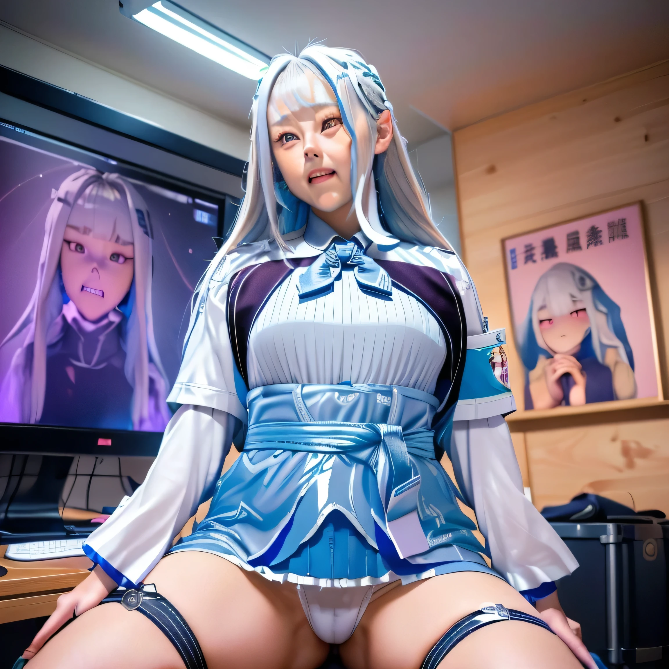 IncrsGift,
incoming gift,
,(((Liz Hellesta))),gameroomconcept,PC Desk,((Gaming Chair)),Pay,Game Controller,keyboard,((Looking at the smartphone in his hand)),vtuber,Game Now Streaming,((White Delivery Room)),(Liz HellestaHair)，((Dressed seriously)),(((Do not expose ))),masterpiece, Highest quality, beautiful,(1 female), Liz Hell,,(Straight gray straight hair,((bangs)),((Beautiful Japanese girl face)),Thin face,((Thin cheeks)),Beautiful female face,Precise depiction,Excellent costume design, charm, (Small ), Slender upper body,(8k Full Body RAW Photo), (Highly detailed skin: 1.2), ((Oily skin)),smile, Highly detailed face, ((Grey Hair)),fine grain, ((Sweaty body)), (((Oily skin))),Inside the room,1 Girl,Open your mouth,(((Open your eyes))),(((View your viewers))),(((Open your eyes))),(((Open your eyes))),(Large pelvis),(Wide ),(((Very muscular and thick thighs Veins,))),(((Abnormally thick thighs))),Thigh gap,(((Shiny thighs))).(((Narrow waist))),(((Very thin waist)))，(Realistic:1.0),Front view,1girl,lh1, (((White panties))),((())),Hair Ornament Net、Long Hair、Long sleeve、Pleated skirt、((Blue thigh-high socks in silk fabric))、((手链))、Blue pleated mini skirt、((White jacket, cotton material))、( shirt)、Blue Skirt、(Metallic black thigh straps),(((Front view))),View your viewers,Focused on PC gaming,((Open your mouth)),Showing teeth,Constricted eyes，(((blush,shame))),((Puzzled expression)),Panties are wet,