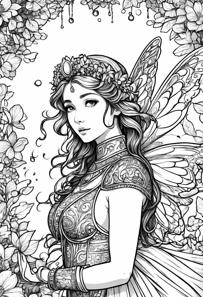 a fairy with gigantic breast in a ornamental outfit posing in a garden, wearing an ornate outfit, wearing ornate clothing, clean line art, white background, colouring page, clean outline, sketch style, floral frame, decorative panel, abstract ,sketch, character lines and scenes without colors and shadows. (Masterpiece, Best Quality, Highres:1.4), Detailed, Intricate Details, 4K, color splashes, line art