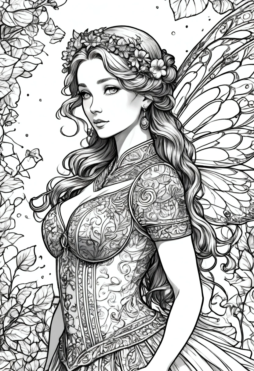 a fairy with gigantic breast in a ornamental outfit posing in a garden, wearing an ornate outfit, wearing ornate clothing, clean line art, white background, colouring page, clean outline, sketch style, floral frame, decorative panel, abstract ,sketch, character lines and scenes without colors and shadows. (Masterpiece, Best Quality, Highres:1.4), Detailed, Intricate Details, 4K, color splashes, line art