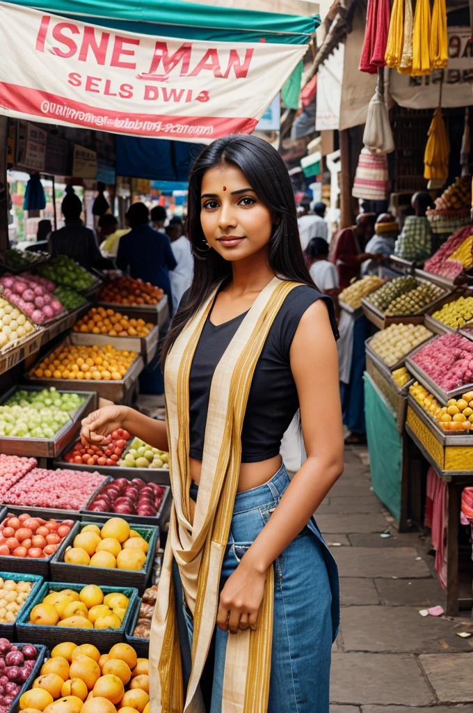 Indian salwaz kamiz lady standing in market holding a cloth bag cartoon