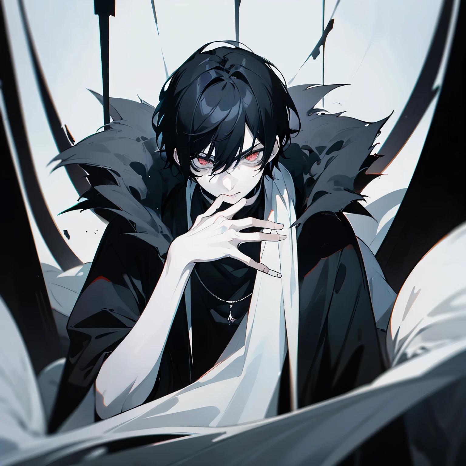 boy, black hair, pale white eyes, dark theme, cool, cold, stylish, high image quality , there is a dark monster behind