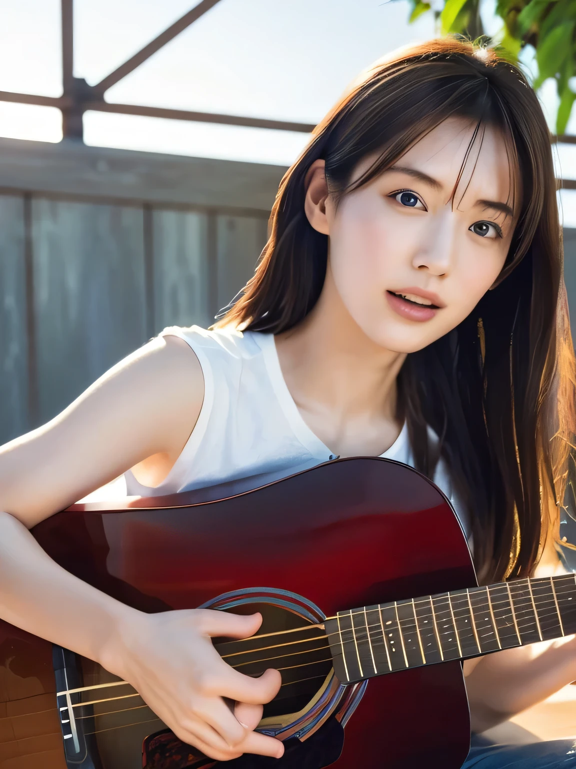 ((masterpiece, Highest quality, High resolution)), (Playing Acoustic Guitar:1.5), 1 beautiful girl, (Realistic: 1.4), Symmetrical eyes, Great face, 15 years old, Medium Hair, (Beautiful Hair:1.5), (Open your mouth:1.3), (Nothing steppe:1.5), The background is blue sky, Light of the sun, (Angle from below:1.3), Smooth, Highly detailed CG composite 8K wallpaper, High resolution RAW color photos, Professional photography, Light, BackLight, dream-like, impressive, Written boundary depth