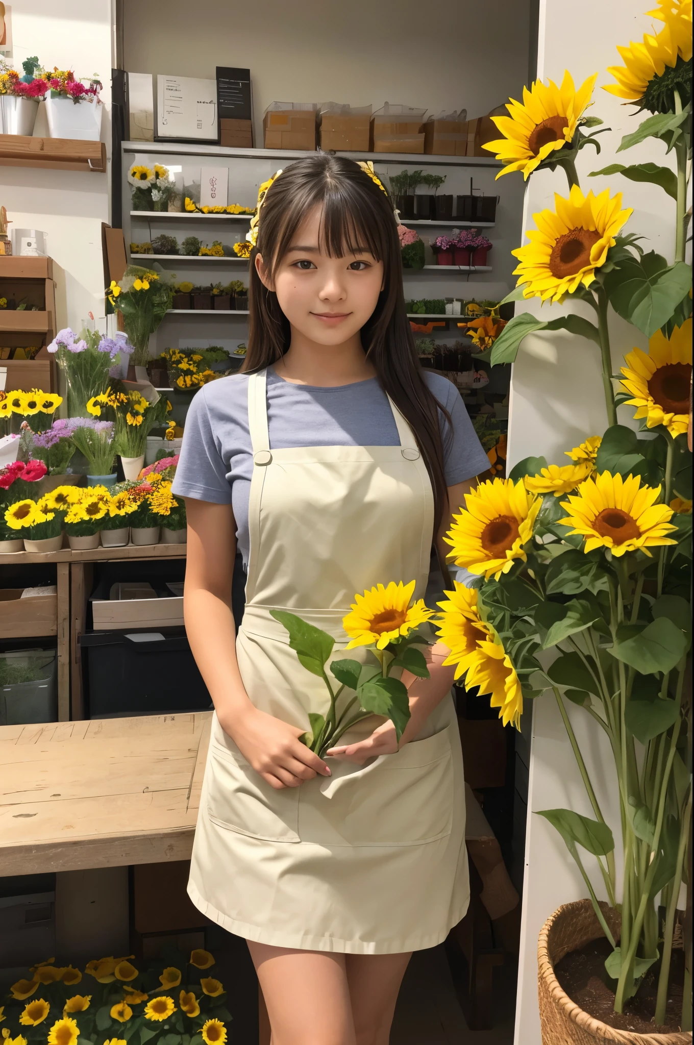 A 20-year-old girl working at a flower shop(Wearing a miniskirt and apron)have a sunflower