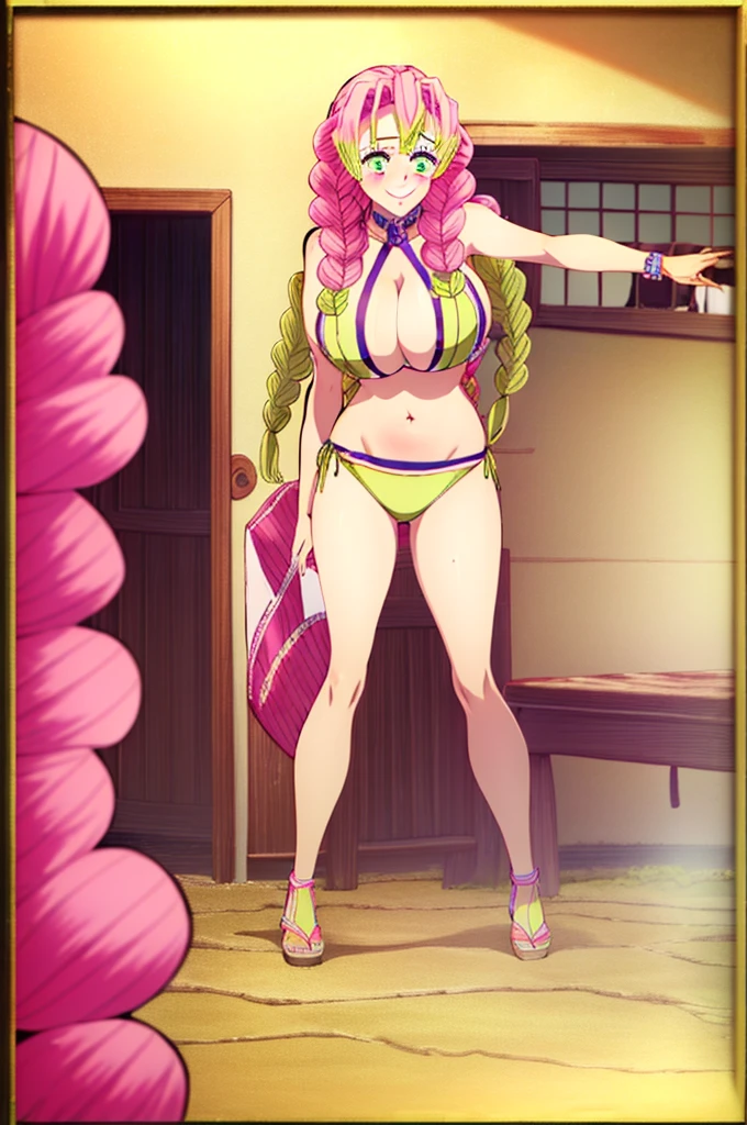(masterpiece, best quality), intricate details,
MitsuriKanroji, kanroji mitsuri, 1girl, solo, long hair, winking, green eyes, pink hair, green hair, twin braids, smile, cute smile, blushed smile, blush, blushing, large breast, huge breasts, bikini top, collarbone, neck, bare shoulders, yellow bikini top, cleavage, full body, long legs, cameltoe, cowboy shot, plain background, white background, photoshoot, perfect shot, perfect framing, full body shot, bending over, side view, side angle