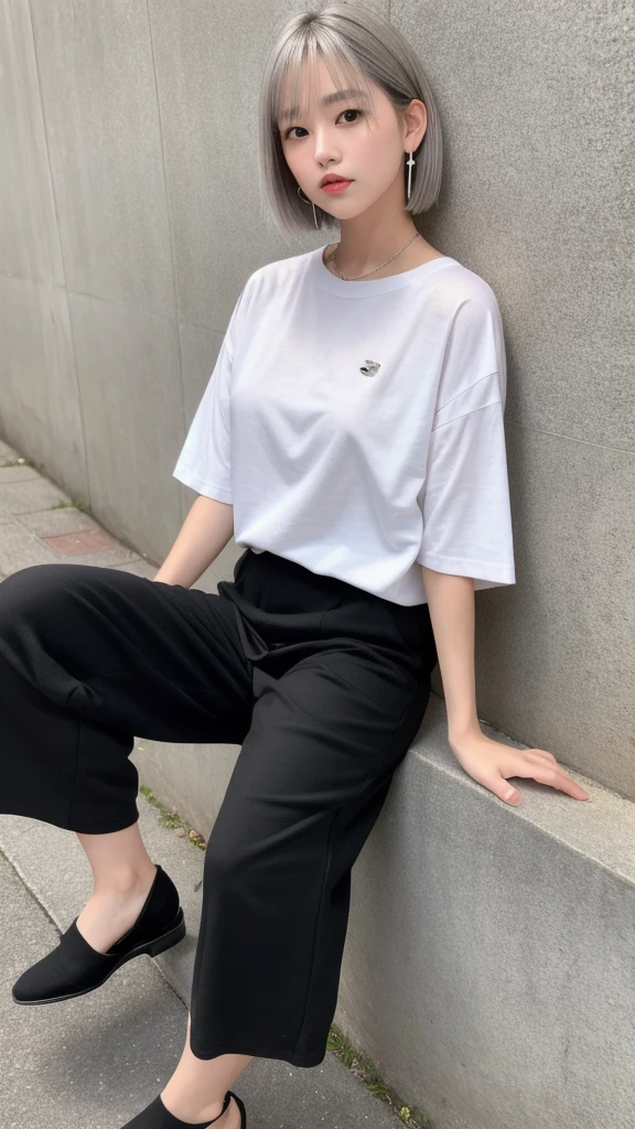 (8K, Photorealistic, Raw photo, Highest quality: 1.4),Japanese idol-style beautiful girl,model,1 person,18-year-old,(Short Bob),(Silver Hair :1.2),She has her hair tucked behind her ears,Clear grey eyes,Long eyelashes,(piercings(small)),(Lip gloss),lips(Plump,glossy),thin long neck,(Big T-shirt((Black),(Hemming out))),(Wide leg pants((Sweat fabric),(Length that covers the instep))),pumps,Full body portrait