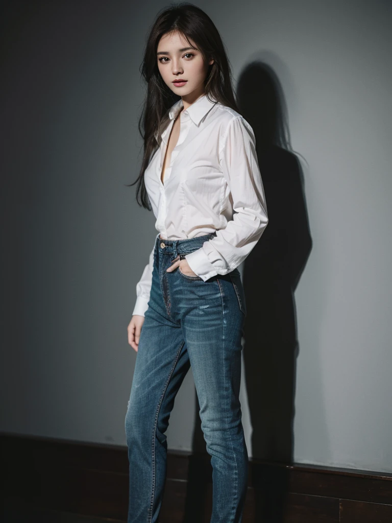 ((Highest quality, 8K, masterpiece :1.3)), Sharp focus :1.2, Beautiful woman with perfect figure :1.4, 1 Girl,Slim Abs :1.2, ((Dark brown hair,chest :1.2)), (White long formal shirt)(Unbutton your shirt.), Gray background:1.2, Highly detailed face and skin texture, fine grain, double eyelid,Beautiful Hands,Five Fingers,Fashion model posing,Full body portrait,Cowboy Shot,jeans,Cast a Shadow,