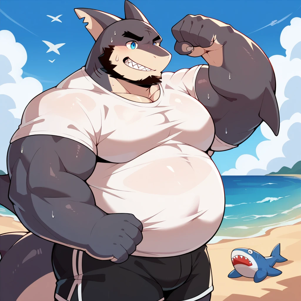 NJ5furry,shark，solitary，Beast field，Chubby，fat，Thick arms，Strong muscles，shorts，Plush，Chubby脸，Black eyebrows，Sky blue eyes，beard，（On the beach），（No T-shirt，Beach Shorts），（sweat）
