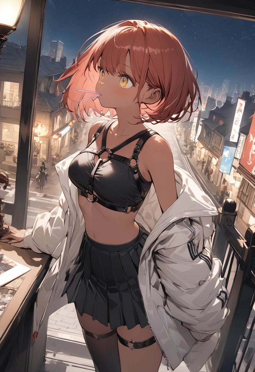 table top, highest quality,figure, wallpaper, Super detailed, absurd, 1 girl, alone, ( short red hair, tan skin, yellow eyes), detailed and beautiful eyes , (street:1.3), hair blowing in the wind,(panoramic view:1.3),(sense of depth:1.5),(long shot:1.3) girl standing on balcony looking at the city at night, wearing open sexy clothes, black skirt, Black stockings, oversized jacket, chest harness, black shirt, crop top, skirt, Shoes, O-Ring, midriff, off shoulder, medium breasts, thigh strap, pleated skirt (skirt blowing in the wind) looking up at the sky, ignoring camera (3/4 view)