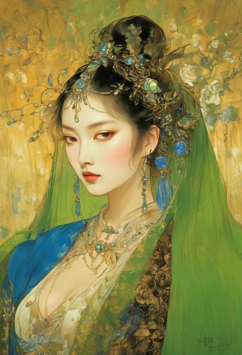 (masterpiece, best quality:1.2), Elegant girl, Striking pose, Exquisite detail features, Sharp eyes, Hooked nose, Sexy lips, Gorgeous clothing, Symmetrical composition, light, Dramatic chiaroscuro, Rich color palette, High contrast, The art of math, Reality,Xianxia,Anatomically correct:2,green,blue