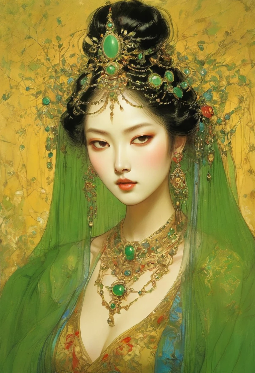 (masterpiece, best quality:1.2), Elegant girl, Striking pose, Exquisite detail features, Sharp eyes, Hooked nose, Sexy lips, Gorgeous clothing, Symmetrical composition, light, Dramatic chiaroscuro, Rich color palette, High contrast, The art of math, Reality，Xianxia，Anatomically correct:2，green，blue