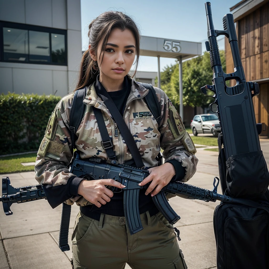 (highest quality、High resolution、Masterpiece: 1.2)、Super detailed、(Real、Photorealistic、Photorealistic: 1.37)、Cowboy Shot、Beautiful detailed eyes、Beautiful detailed lips、Highly detailed eyes and face、Long eyelashes、Huge Breasts、One woman、Full up hairstyle、satin bomber jacket outfit、(FN SCAR-L 5.Holding a 56mm assault rifle towards the viewer:1.7)、A mixture of erotic and non-tension、Standing in a suburban yard