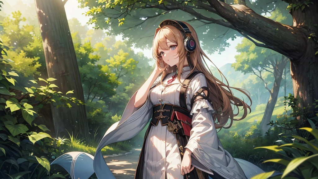 (Highest quality、High resolution、masterpiece)、(Anime Art 4k)、(Woman wearing headphoneysterious、nature