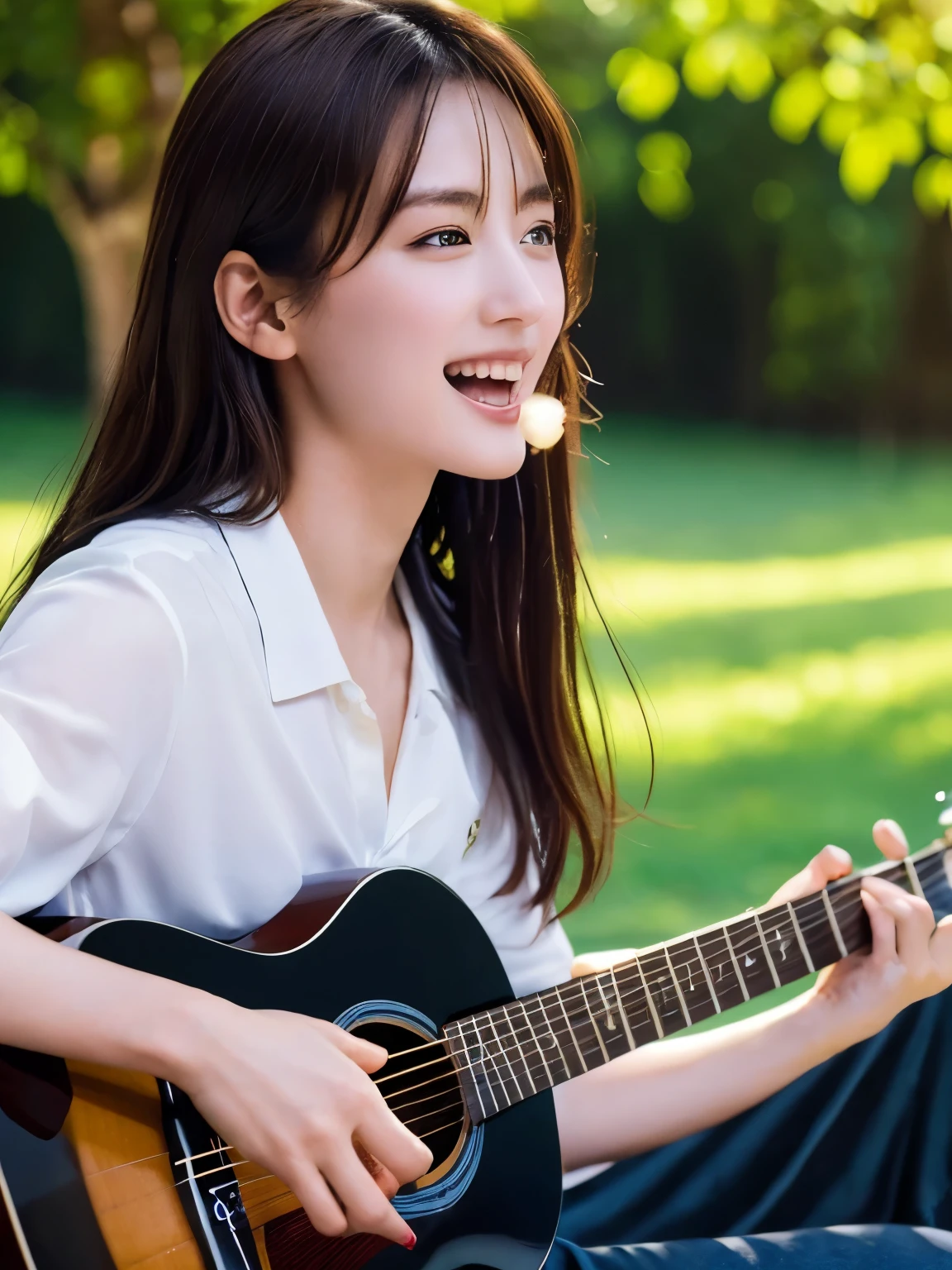 ((masterpiece, Highest quality, High resolution)), (Playing Acoustic Guitar:1.5), 1 beautiful girl, (Realistic: 1.4), Symmetrical eyes, Great face, 15 years old, Medium Hair, (Beautiful Hair:1.5), (Open your mouth:1.3), (Nothing steppe:1.5), blue sky, Light of the sun, Side angle, Smooth, Highly detailed CG composite 8K wallpaper, High resolutionのRAWカラー写真, Professional photography, Light, BackLight, dream-like, impressive, Written boundary depth