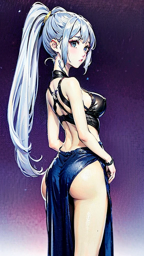 Highest quality, masterpiece, 1 girl,(Long silvery hair, Ponytail and side bangs, Slightly larger breasts),