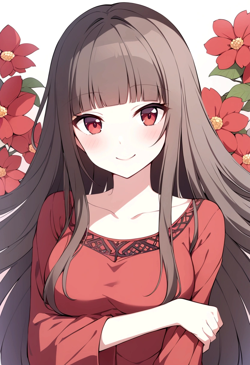 slender, mature female, rating:safe, long_hair, 1girl, solo, upper_body, bangs, collarbone, red_eyes, closed_mouth, eyebrows_visible_through_hair, looking_at_viewer, brown_hair, red_shirt, shirt, blunt_bangs, smile, very_long_hair, fur_trim, sidelocks, floral_background, blush, breasts, straight_hair, black_hair, dress, red_dress