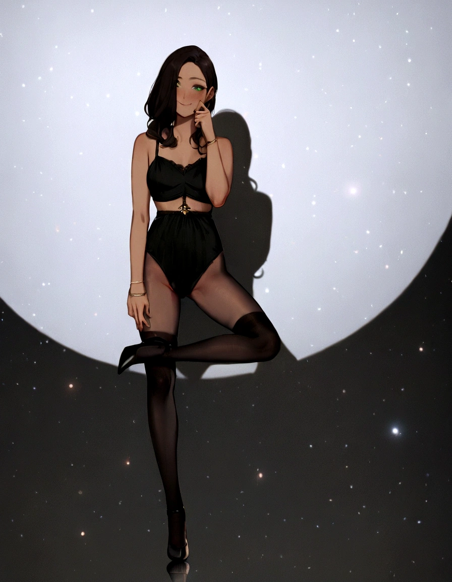 woman, 22 years old, with short dark blonde and dark hair in space buns, her has light green eyes, model pose, natural skin, beautiful face, playful body, playful face, pantyhose, high heels, black wear, look at side, showing pussy, naked , smile