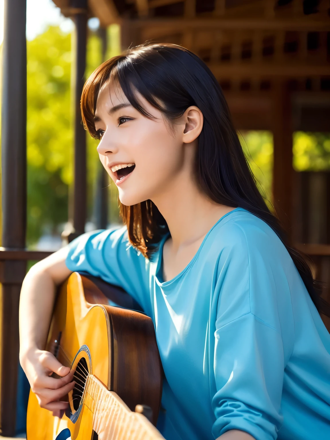 ((masterpiece, Highest quality, High resolution)), (Playing Acoustic Guitar:1.5), 1 beautiful girl, (Realistic: 1.4), Symmetrical eyes, Great face, 15 years old, Medium Hair, (Beautiful Hair:1.5), (Open your mouth:1.3), (Nothing steppe:1.5), blue sky, Light of the sun, Side angle, Smooth, Highly detailed CG composite 8K wallpaper, High resolutionのRAWカラー写真, Professional photography, Light, BackLight, dream-like, impressive, Written boundary depth