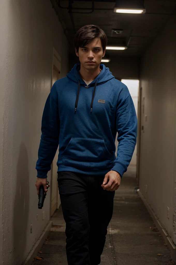 Male, blue hoodie, black pants, black shoes, short brown hair, holding gun with one hand, walking and looked up
