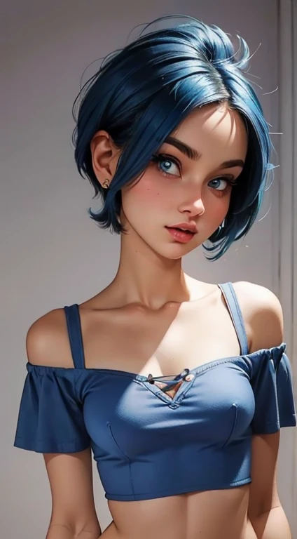 Close-up focus on 1 skinny model, wearing a blue off-the-shoulder crop top that covers her small breasts, pixie cut blue hair, blue eyes, 8K, High quality, Masterpiece, Best quality,G-cup， HD, Extremely detailed, voluminetric lighting, Photorealistic