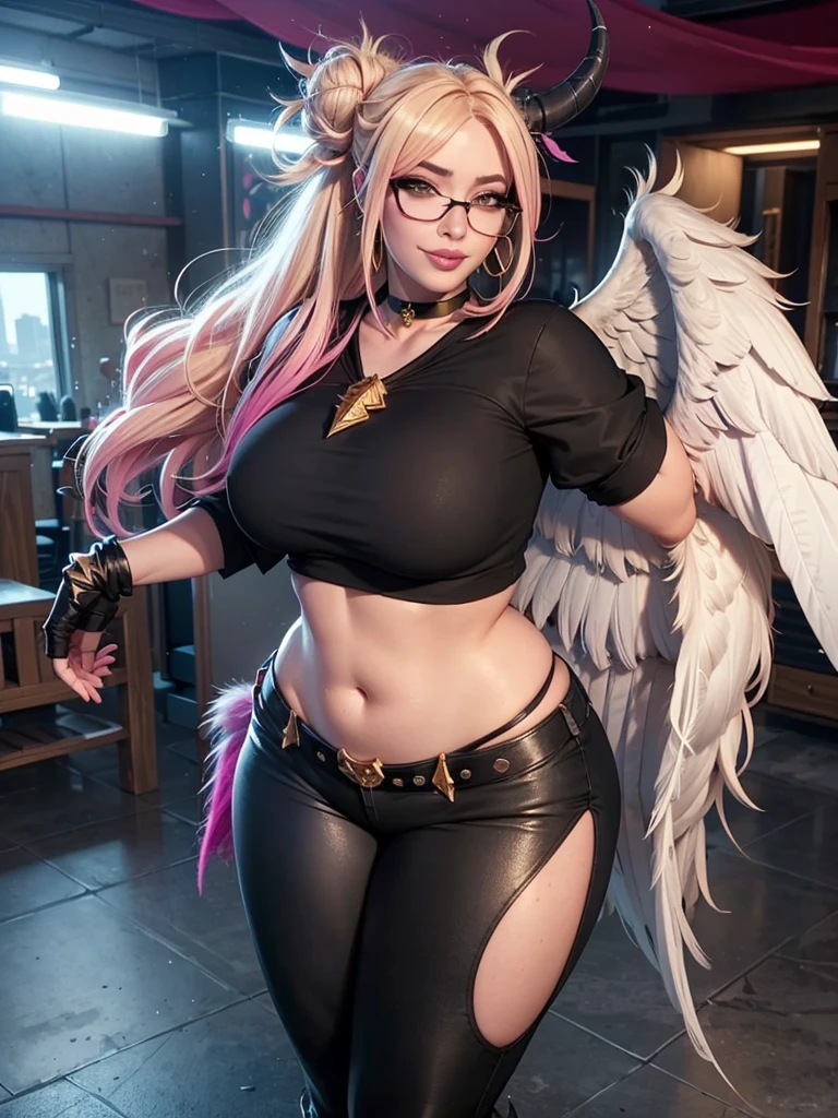 realisticlying,22yo girl,Blonde short、big body, sexy lingerie lace black ,perfect eyes, hair bunches、very very long hair, ultradetailed hair, body nylon sexy, Breasts enlarged、 big body, blonde, woman 1.90 CM,ponytail, ((hair over eyes)),perfect mouth, massive big bounce oppai, WET SKIN, (masterpiece, best quality:1.2), 1girl, solo, city background, haze \(fortnite\), Harpy Haze From fortnite, 1girl, earrings, glasses, hat, jewelry, lips, long hair, looking at viewer, makeup, nail polish, pink eyes, pink hair, pink nails, smile, sunglasses, tinted eyewear, belt, black pants, crop top, eyeshadow, midriff, navel, pants, choker, fingernails, round eyewear, sharp fingernails, standing, black feathers, black headwear, hoop earrings, horned headwear, horns, denim, winged arms, feather trim, star \(symbol\), elbow gloves, dark pink lips, feathers, heels, shoes, angel wings, bangle, black wings, crop top overhang, feathered wings, harpy, low wings, multicolored hair, multicolored wings, pink wings, wings, fingerless gloves, shirt, long fingernails, boater hat, bootcut pants, leather pants, sleeves, black sleeves,massive big bounce oppai,massive big bounce oppai,massive big bounce oppai,