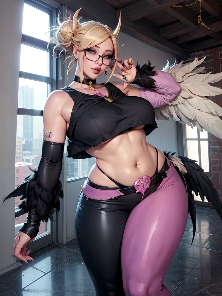 realisticlying,22yo girl,Blonde short、big body, sexy lingerie lace black ,perfect eyes, hair bunches、very very long hair, ultradetailed hair, body nylon sexy, Breasts enlarged、 big body, blonde, woman 1.90 CM,ponytail, ((hair over eyes)),perfect mouth, massive big bounce oppai, WET SKIN, (masterpiece, best quality:1.2), 1girl, solo, city background, haze \(fortnite\), Harpy Haze From fortnite, 1girl, earrings, glasses, hat, jewelry, lips, long hair, looking at viewer, makeup, nail polish, pink eyes, pink hair, pink nails, smile, sunglasses, tinted eyewear, belt, black pants, crop top, eyeshadow, midriff, navel, pants, choker, fingernails, round eyewear, sharp fingernails, standing, black feathers, black headwear, hoop earrings, horned headwear, horns, denim, winged arms, feather trim, star \(symbol\), elbow gloves, dark pink lips, feathers, heels, shoes, angel wings, bangle, black wings, crop top overhang, feathered wings, harpy, low wings, multicolored hair, multicolored wings, pink wings, wings, fingerless gloves, shirt, long fingernails, boater hat, bootcut pants, leather pants, sleeves, black sleeves,massive big bounce oppai,massive big bounce oppai,massive big bounce oppai,