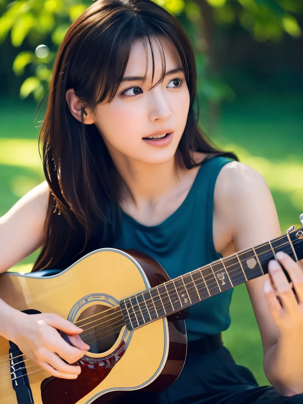 ((masterpiece, Highest quality, High resolution)), (Playing Acoustic Guitar:1.5), 1 beautiful girl, (Realistic: 1.4), Symmetrical eyes, Great face, , Medium Hair, (Beautiful Hair:1.5), (Open your mouth:1.3), (Nothing steppe:1.5), blue sky, Light of the sun, Side angle, Smooth, Highly detailed CG composite 8K wallpaper, High resolutionのRAWカラー写真, Professional photography, Light, BackLight, dream-like, impressive, Written boundary depth