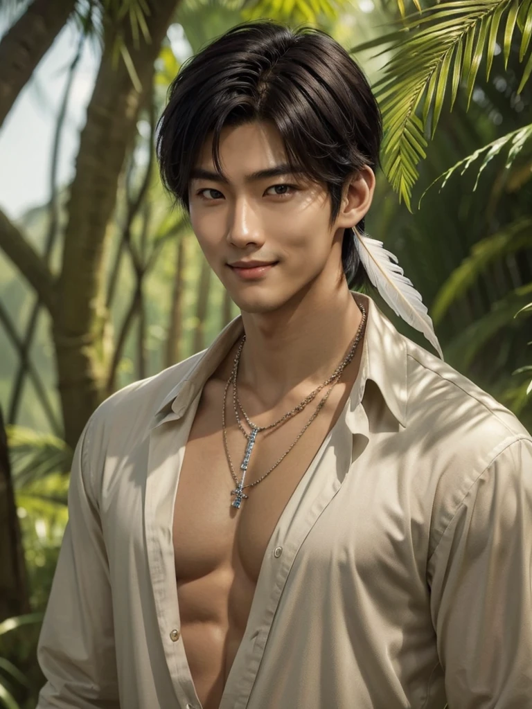 Handsome korean,tall and strong,perfect male figure, eyes looking at camera, ((tanned skin)),forest,feather hair accessories,black hair,serious expression,necklace,Ray tracing, smiling