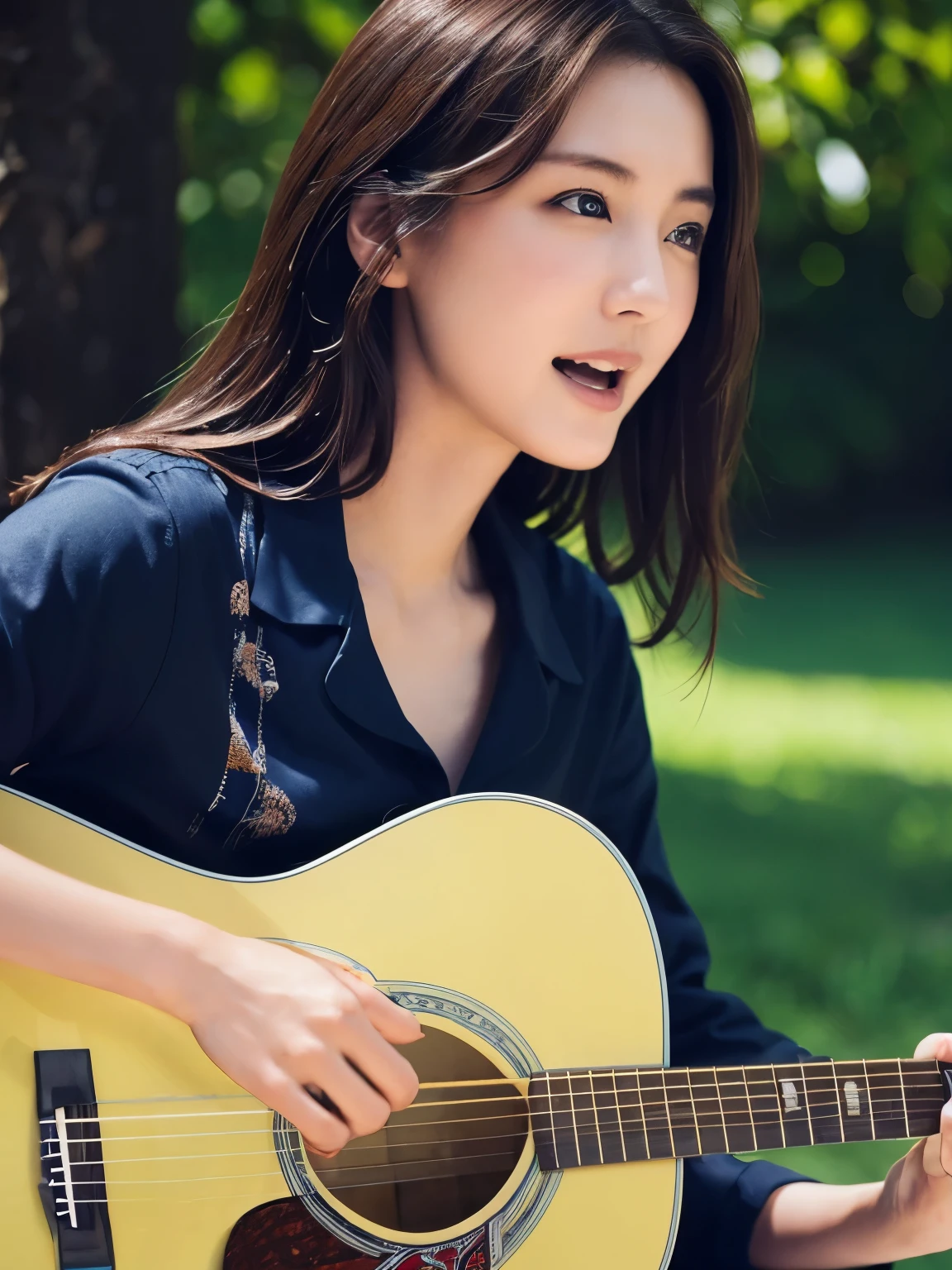 ((masterpiece, Highest quality, High resolution)), (Playing Acoustic Guitar:1.5), 1 beautiful girl, (Realistic: 1.4), Symmetrical eyes, Great face, , Medium Hair, (Beautiful Hair:1.5), (Open your mouth:1.3), Nothing steppe, blue sky, Light of the sun, Side angle, Smooth, Highly detailed CG composite 8K wallpaper, High resolutionのRAWカラー写真, Professional photography, Light, BackLight, dream-like, impressive, Written boundary depth