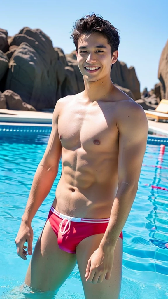 male Age 30 swimwear lifeguard topless smile