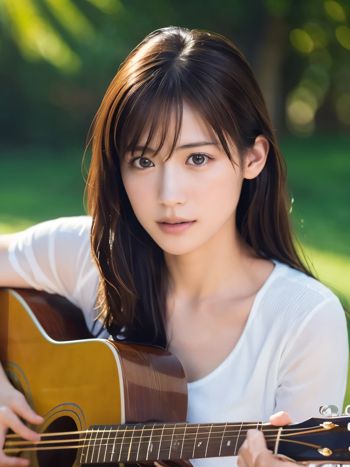 ((masterpiece, Highest quality, High resolution)), (Playing Acoustic Guitar:1.5), 1 beautiful girl, (Realistic: 1.4), Symmetrical eyes, Great face, 15 years old, Medium Hair, (Beautiful Hair:1.5), (Open your mouth:1.3), Nothing steppe, blue sky, Light of the sun, Side angle, Smooth, Highly detailed CG composite 8K wallpaper, High resolutionのRAWカラー写真, Professional photography, Light, BackLight, dream-like, impressive, Written boundary depth