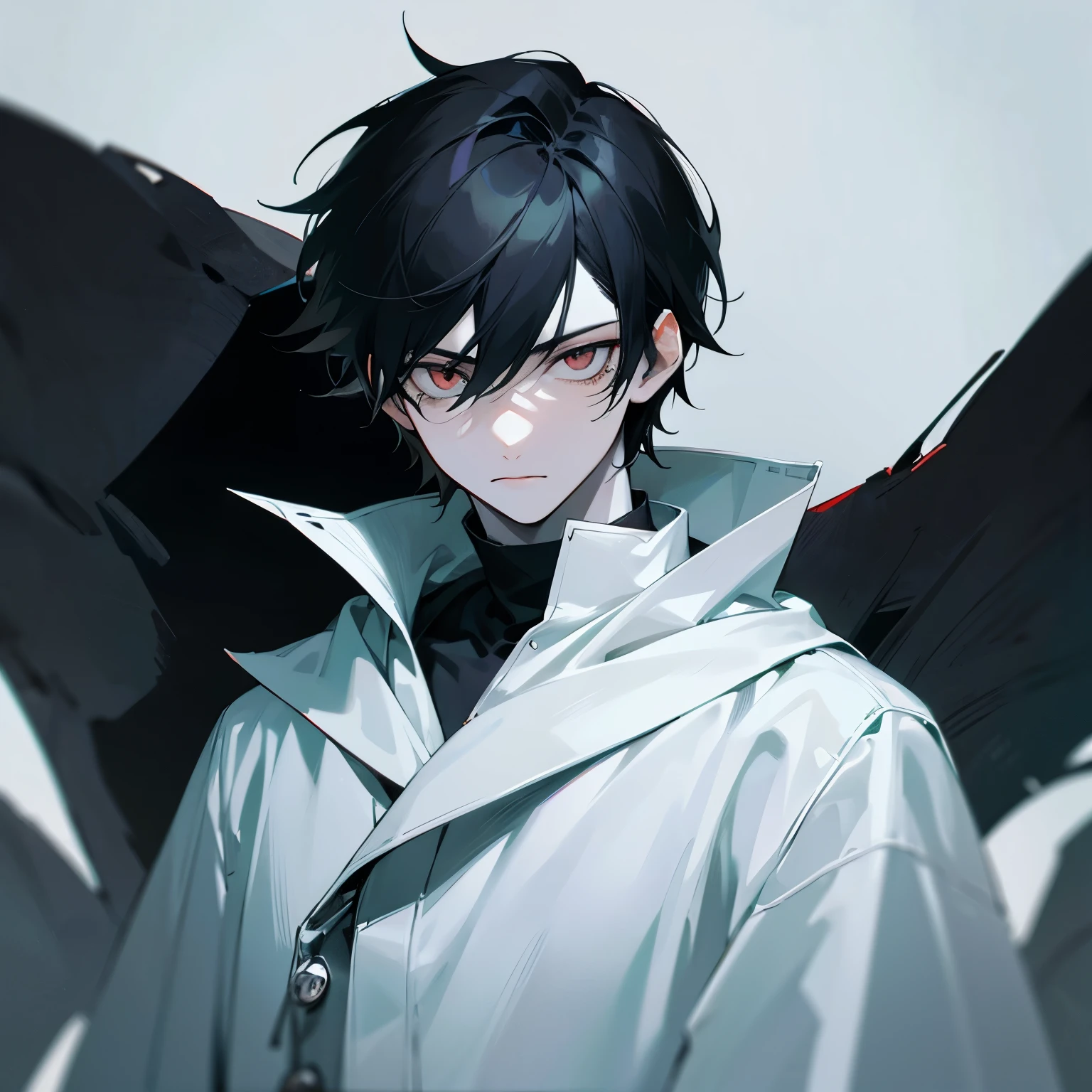 boy, black hair, pale white eyes, dark theme, cool, cold, stylish, high image quality , there is a dark monster behind