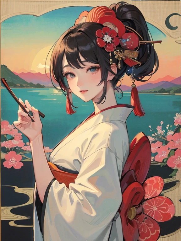 (Highest quality、masterpiece、High resolution、8K)、Vibrant colors、Ukiyo-e、Utamaro、Kimono Beauty、river、Mount Fuji in the distance、Japanese style scenery、Official Art、