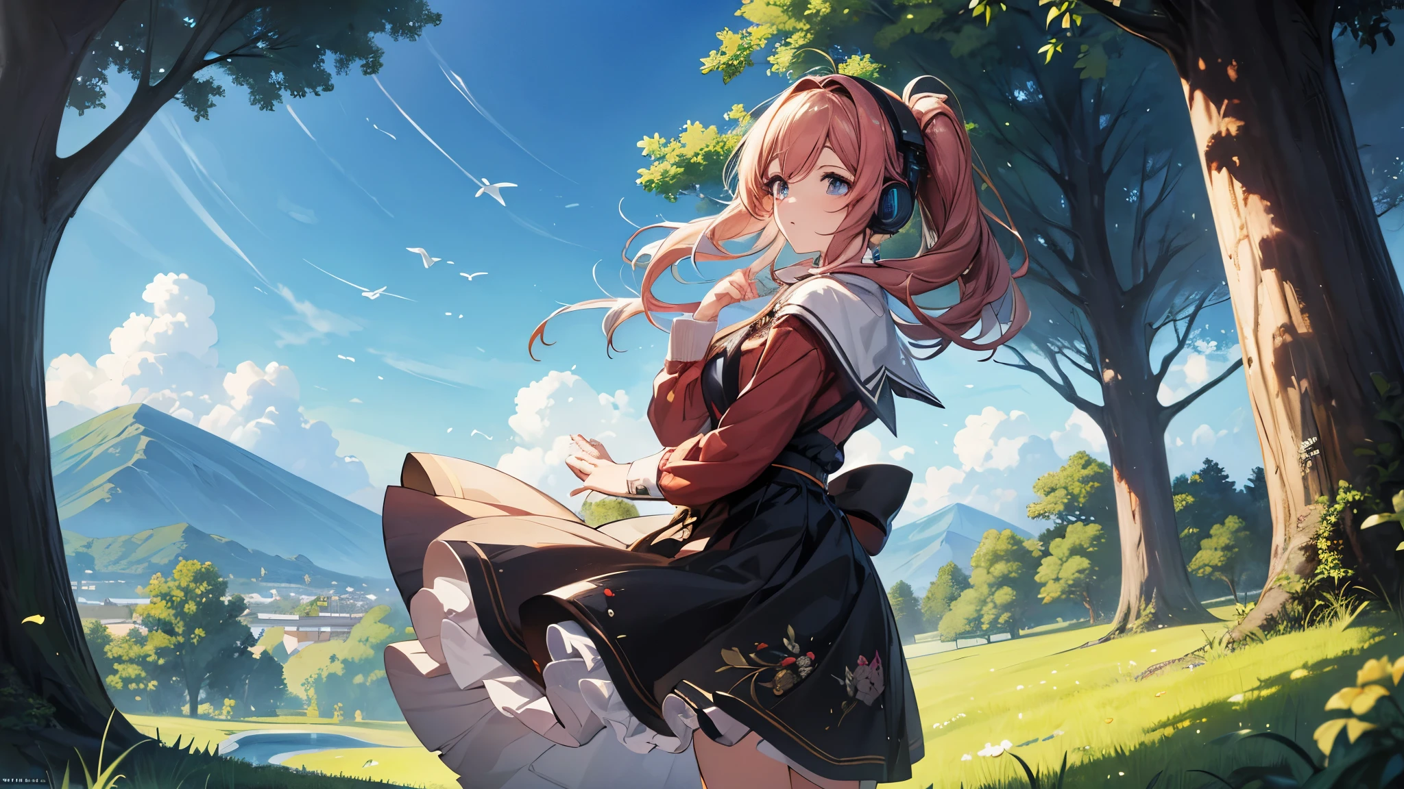 (Highest quality、High resolution、masterpiece)、（Anime Art 4k）、（Woman wearing headphoneysterious、nature