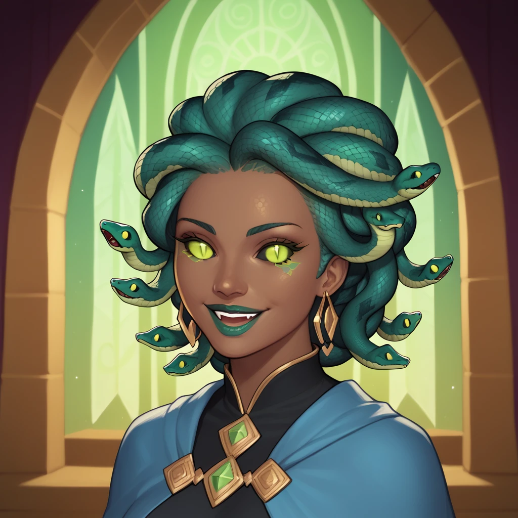 (((beautiful, high quality, perfect eyes, comics style, semi-realistic, detailed face))), upper body, score_9, score_8_up, score_7_up, | ((colored sclera, black sclera, slit pupils, scales)), 1girl, (((sn4k3h41r, snake hair))), Very ((dark skin, dark-skinned)), big smile, open mouth, full of happiness, looks so happy, green iris eyes, wide bold lips, dress red and blue wizard robes, | (wizard tower, fantasy background, blurred background), digital painting, volumetric lighting, easynegative, JIM EIDOMODE,