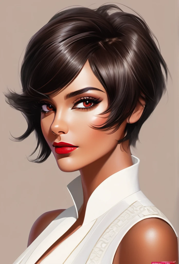 , short dark hair with red details , dark shaped eyes , wearing a white dress vest with red details , brown skin , Brazilian , White background