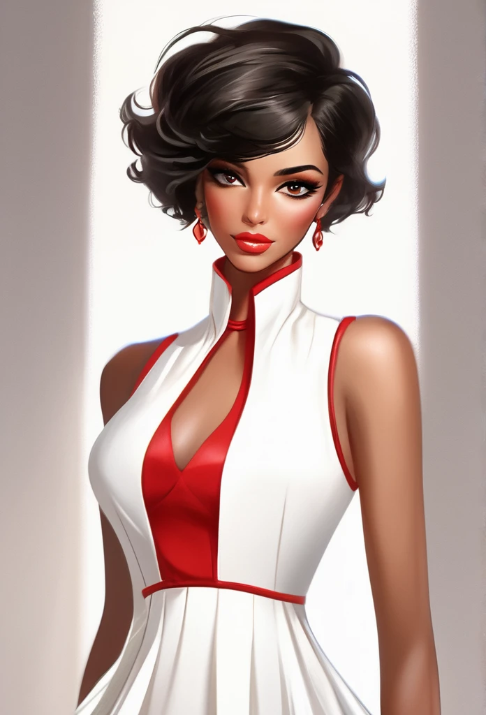 , short dark hair with red details , dark shaped eyes , wearing a white dress vest with red details , brown skin , Brazilian , White background