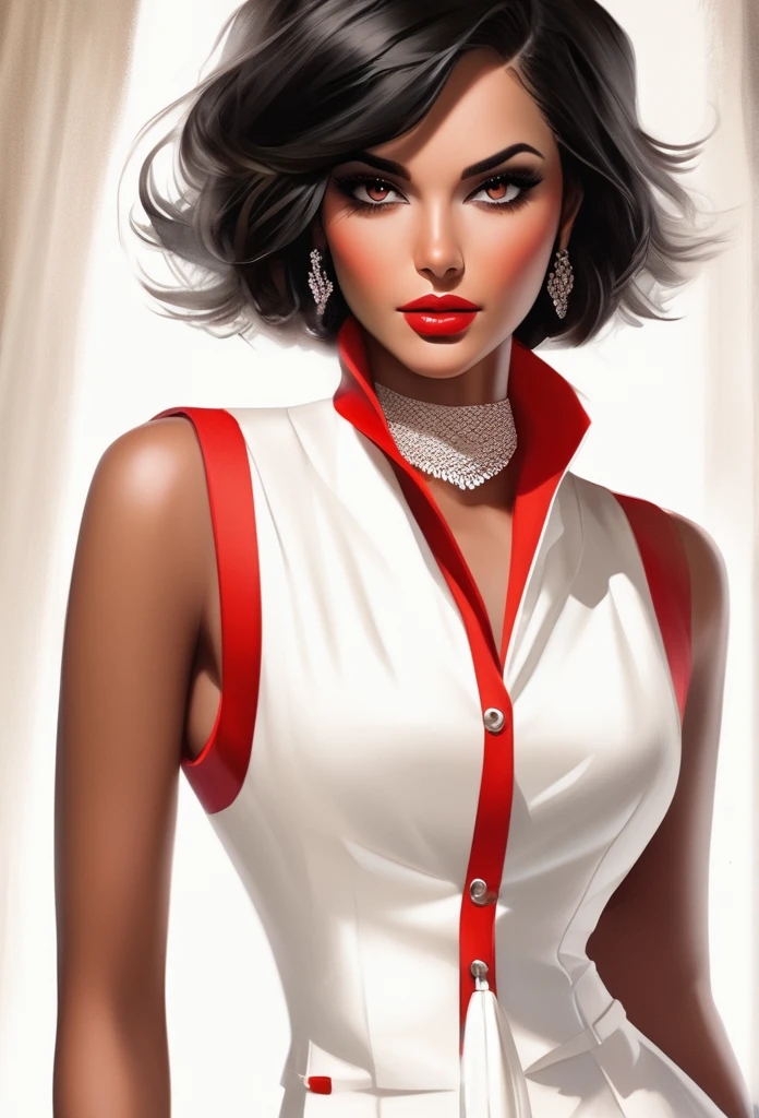   , short dark hair with red details , dark shaped eyes , wearing a white dress vest with red details , brown skin , Brazilian , White background
