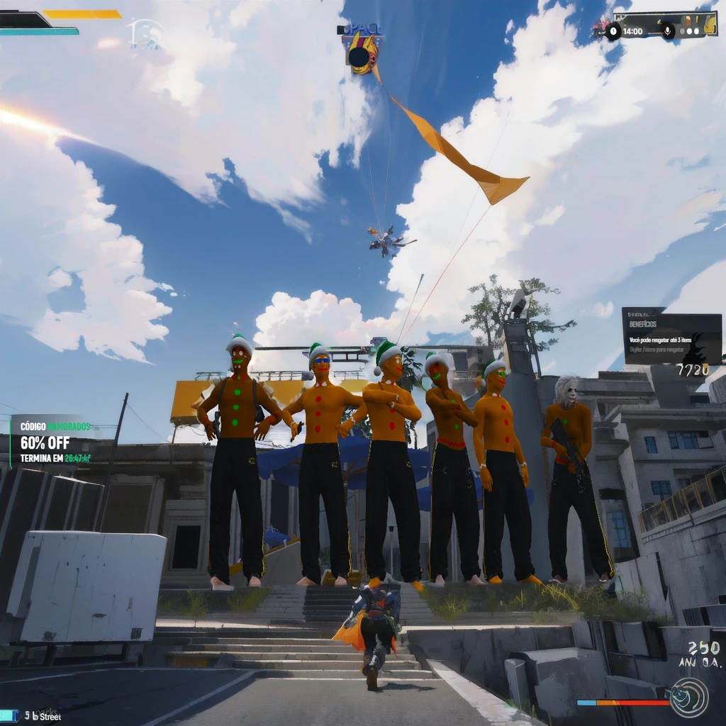 there are many people standing on a ledge with a kite in the sky, videogame screenshot>, screenshot from the game de moda, 2020 videogame screenshot, in-game, in-game, screenshot from the game simulador de vida, in-game, screenshot from the game, in-game screenshot, computer screenshot, screenshot from the game com interface do usuário, team fortress style, action scene screenshot