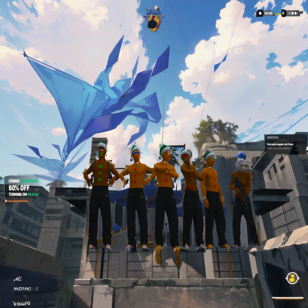 there are many people standing on a ledge with a kite in the sky, videogame screenshot>, screenshot from the game de moda, 2020 videogame screenshot, in-game, in-game, screenshot from the game simulador de vida, in-game, screenshot from the game, in-game screenshot, computer screenshot, screenshot from the game com interface do usuário, team fortress style, action scene screenshot