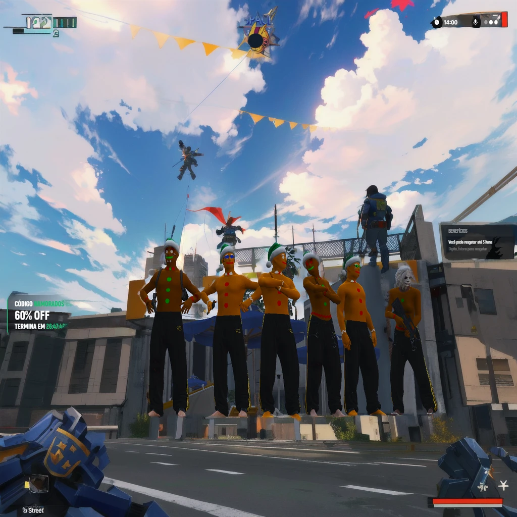 there are many people standing on a ledge with a kite in the sky, videogame screenshot>, screenshot from the game de moda, 2020 videogame screenshot, in-game, in-game, screenshot from the game simulador de vida, in-game, screenshot from the game, in-game screenshot, computer screenshot, screenshot from the game com interface do usuário, team fortress style, action scene screenshot