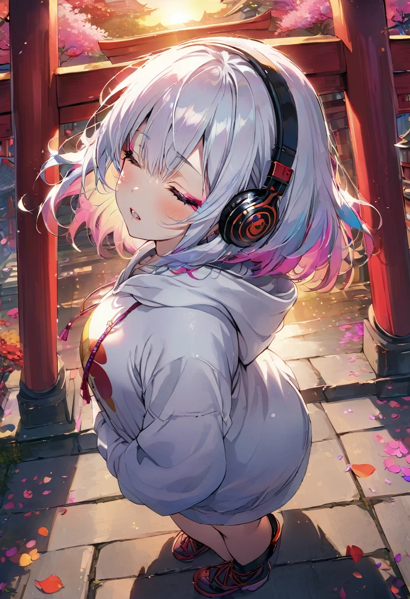 ((Masterpiece)), ((best quality)), (Anime:1.3), (super detail:1.2), (High Definition:1.3), (Professional Photography:1.3), cute young Girl, (Gassho), (Look down), (closed eyes:1.3), (Her not looking at camera), Glossy unruly hair, (loose swept bangs), (silver ash hair), medium hair, big eyes, (Eye bags:1.3), (Long eyelashes), colorful eyes, (frown), Glossy lips, (jagged teeth), ((white hoodie with oversized)), barearms, cute, (colorful:1.3), gothic makeup, Early morning, (standing), (at Shinto Shrine), colorful petals dance around her, beautiful sunset, wearing headphones, (from side), (from above:1.5),